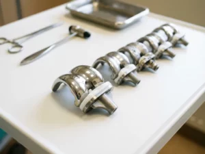 Medische knieprothese op onderzoekstafel met meerdere implantaten op achtergrond in ziekenhuisomgeving