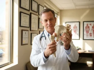Orthopedisch chirurg in witte jas onderzoekt heupgewrichtmodel in professionele medische praktijk