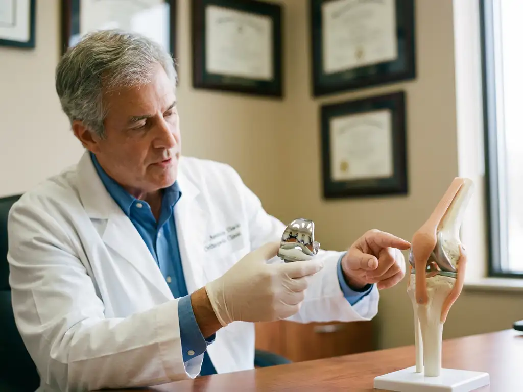 Orthopedisch chirurg onderzoekt knieprothese en anatomisch model in moderne medische praktijk