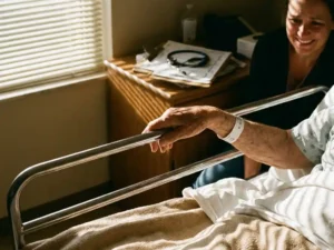 Oudere patiënt rust handen op ziekenhuisbed rail, medische instrumenten op nachtkastje, warme namiddagzon