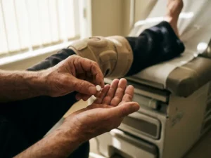 Patiënt houdt witte pil boven open handpalm in medische onderzoekskamer met kniebrace zichtbaar op achtergrond