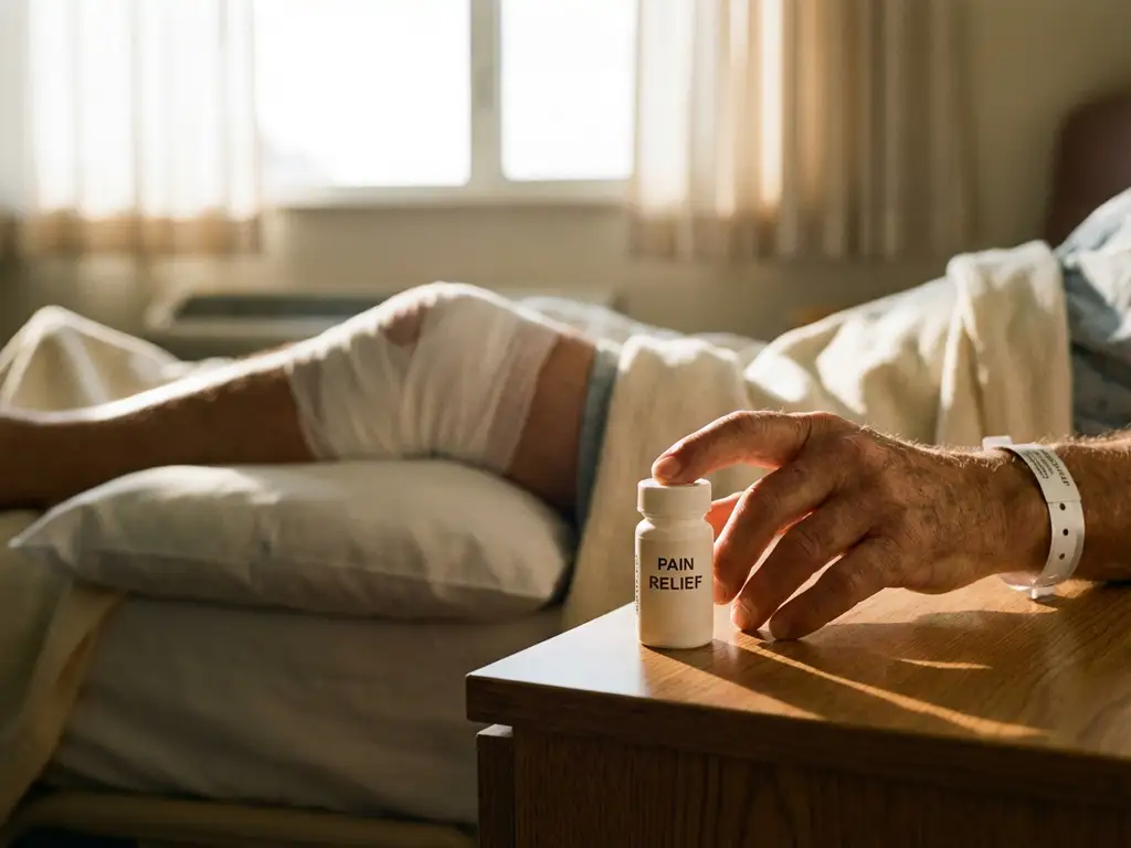 Patiënthand reikt naar medicijnflesje op ziekenhuistafel, verbonden knie op achtergrond, herstelsfeer