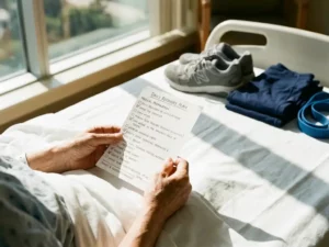 Patiënt houdt medische voorbereidingslijst vast op ziekenhuisbed met wandelschoenen en fysiotherapie materialen