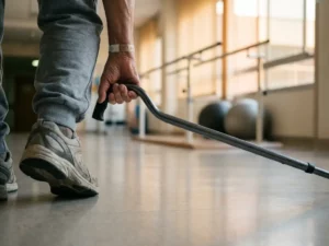 Patiënt met wandelstok neemt voorzichtige stap in ziekenhuisgang tijdens fysiotherapie, vooruitgang tonend