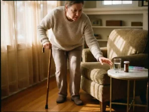 Persoon van middelbare leeftijd met wandelstok loopt voorzichtig door woonkamer naar fauteuil, medicijnen op bijzettafel