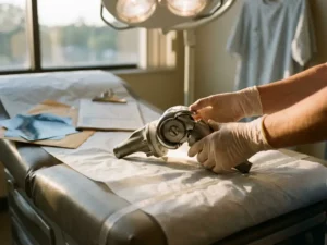 Titanium knieprothese op onderzoekstafel met handen die het gewricht onderzoeken, röntgenfoto's en medische grafieken