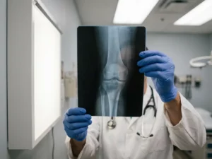 Dokter houdt röntgenfoto van kniegewricht tegen lichtbak in onderzoekskamer, stethoscoop om nek zichtbaar
