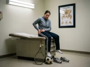 Atleet in sportkleding zit op onderzoektafel en houdt pijnlijke heup vast, sportuitrusting op de vloer