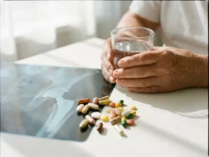 Handen houden glas water met kleurrijke supplementen op medische tafel, röntgenfoto van heupprothese zichtbaar