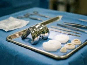 Titanium knieprothese met keramische onderdelen en polyethyleen spacers op steriele medische dienblad in operatiekamer