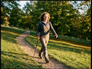 Middelbare persoon loopt zelfverzekerd heuvel op in zonnig park met wandelstok, draagt sportkleding