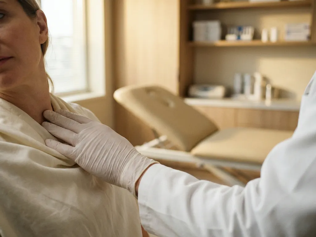Doktershand onderzoekt voorzichtig de nek van een patiënt tijdens orthopedisch consult in moderne klinische omgeving.