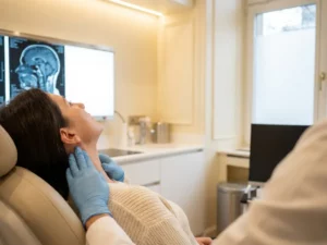 Arts onderzoekt patiëntnek met gehandschoende handen in moderne kliniek, MRI-scan zichtbaar op lichtbak op achtergrond.