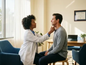 Arts onderzoekt de nek van een zittende patiënt in een moderne privékliniek met natuurlijk licht.