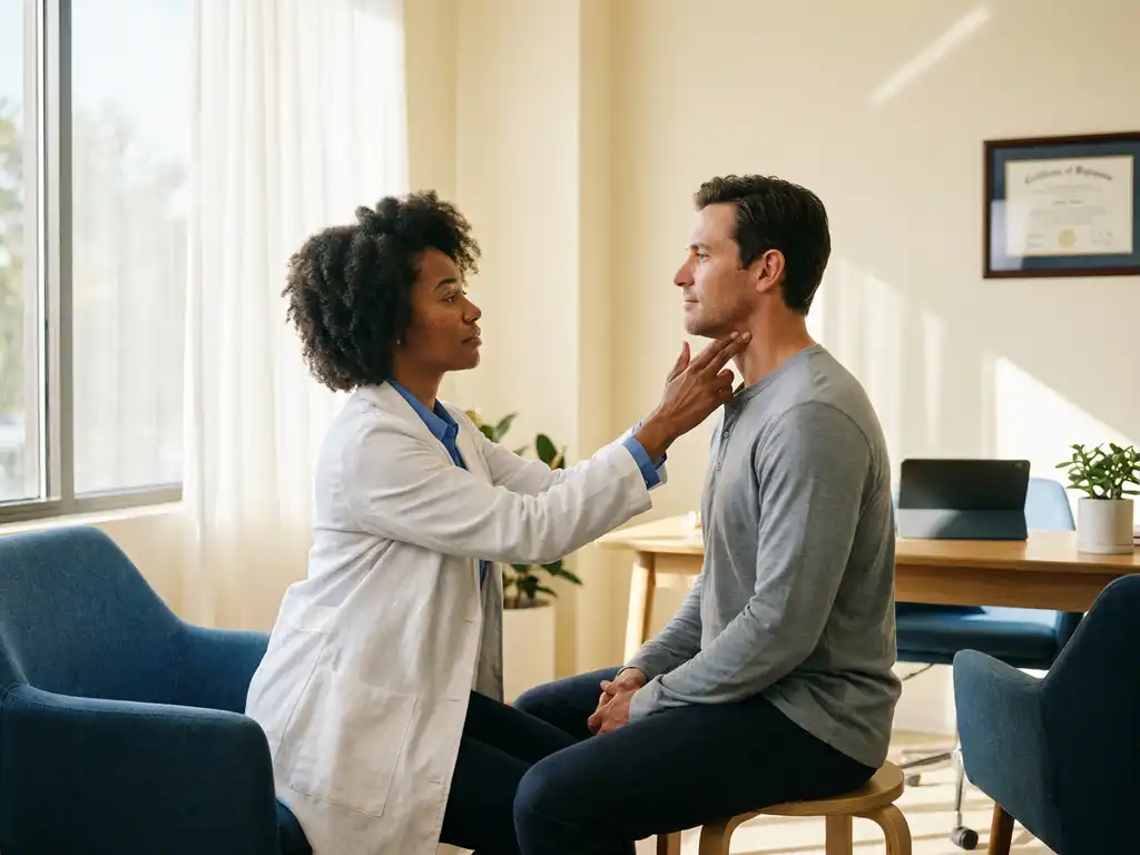 Arts onderzoekt de nek van een zittende patiënt in een moderne privékliniek met natuurlijk licht.