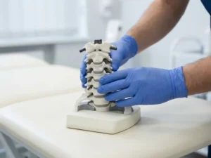 Specialist onderzoekt anatomisch model van cervicale wervels en nek op wit klinisch oppervlak.