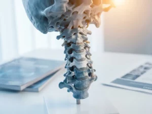 Anatomisch model van menselijke nek en cervicale wervelkolom op wit klinisch oppervlak, licht naar voren gekanteld.