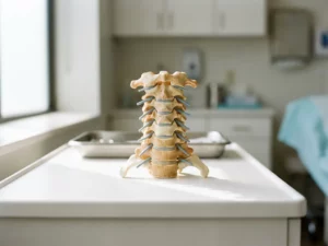 Anatomisch model van de menselijke cervicale wervelkolom met zichtbare wervels en zenuwwortels op een witte klinische ondergrond.