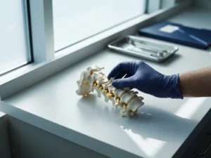 Anatomisch model van de cervicale wervelkolom met zenuwcompressie, onderzocht door gehandschoende hand van specialist.