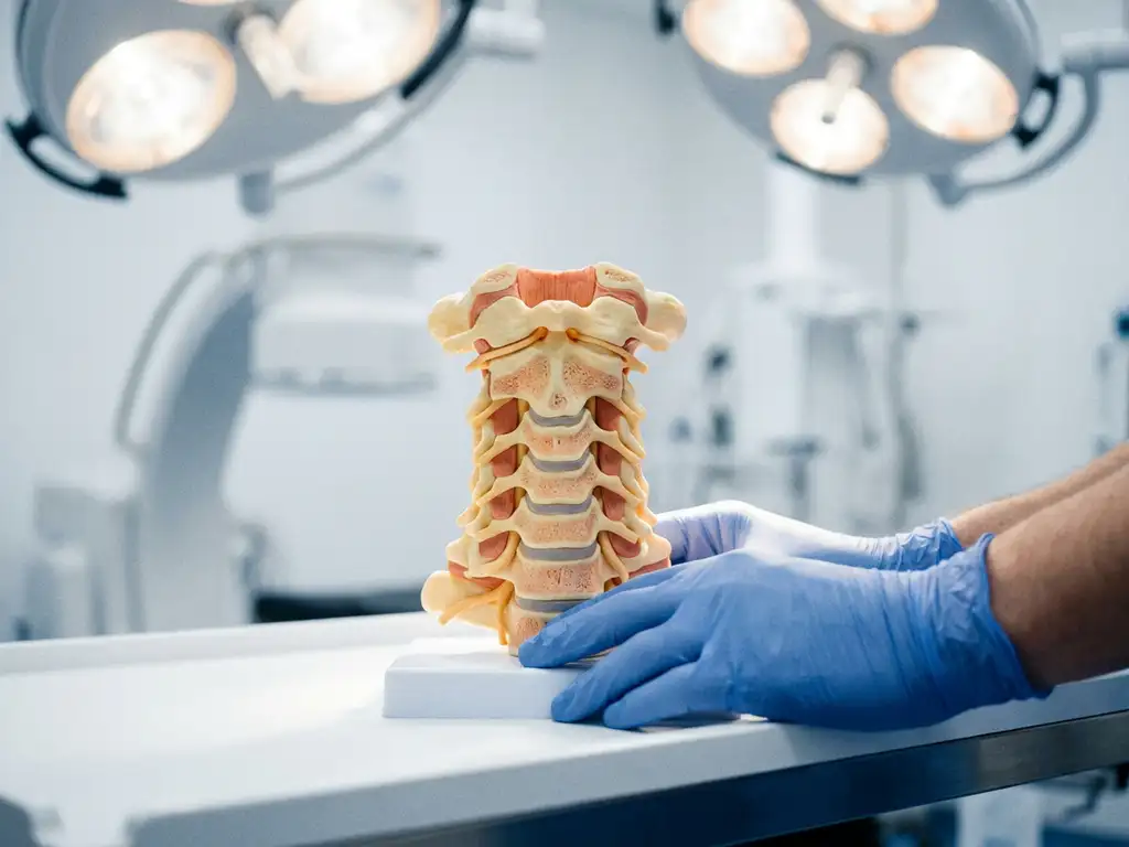 Anatomisch doorsnijdingsmodel van de cervicale wervelkolom met zichtbare wervels en zenuwbanen, voorzichtig gepositioneerd door een gehandschoende hand.
