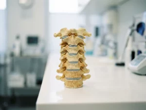 Anatomisch doorsnijmodel van de menselijke cervicale wervelkolom met zichtbare vernauwing van het wervelkanaal op een klinisch witte ondergrond.