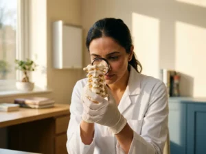 Medisch professional in witte jas onderzoekt anatomisch model van de cervicale wervelkolom in een privékliniek.