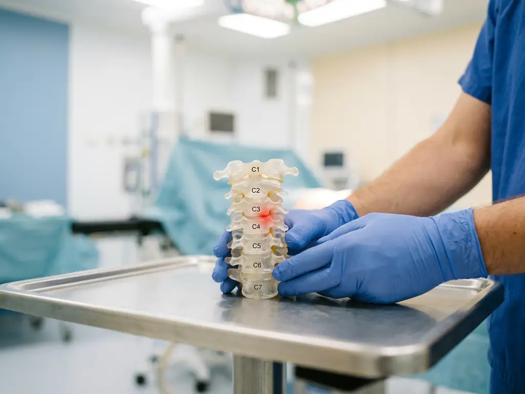 Chirurgenhanden met blauwe handschoenen houden anatomisch model van de cervicale wervelkolom vast, compressiepunt zichtbaar.