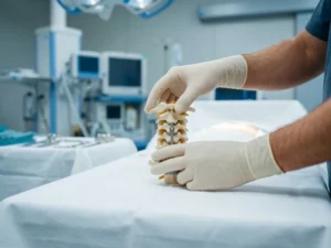 Chirurg in latex handschoenen onderzoekt anatomisch model van de cervicale wervelkolom op witte onderzoekstafel.