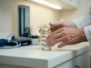 Arts onderzoekt anatomisch model van de cervicale wervelkolom met zichtbare tussenwervelschijven op witte klinische ondergrond.