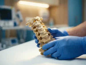 Chirurg in latex handschoenen houdt anatomisch model van cervicale wervelkolom met zichtbare compressie in klinische omgeving.