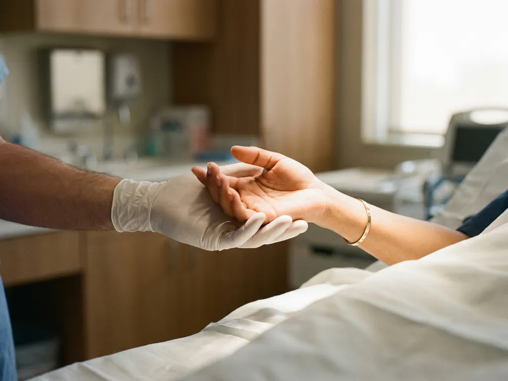 Chirurg in steriele handschoen houdt zachtjes de hand van een patiënt vast in een privékliniek, warm licht op verweven vingers.