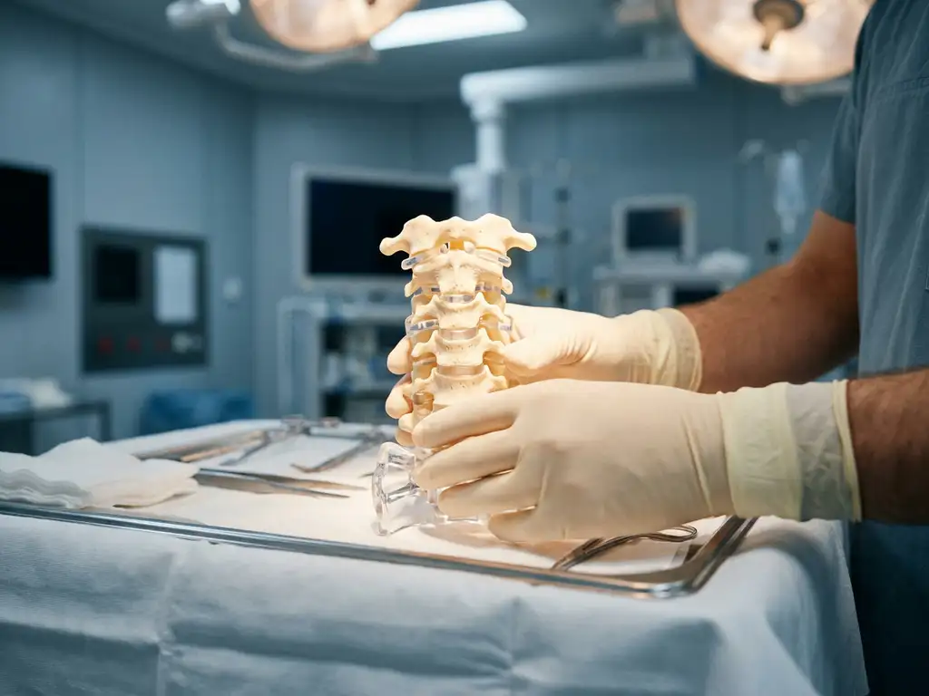 Chirurg in steriele handschoenen bij anatomisch cervicaal wervelkolommodel op operatietafel in moderne OK.