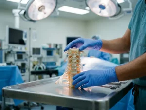 Gehandschoende handen van een chirurg bij anatomisch model van cervicale wervels op stalen operatietafel.