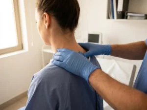 Chirurg in latex handschoenen onderzoekt voorzichtig de nek en cervicale wervelkolom van een patiënt in een privékliniek.