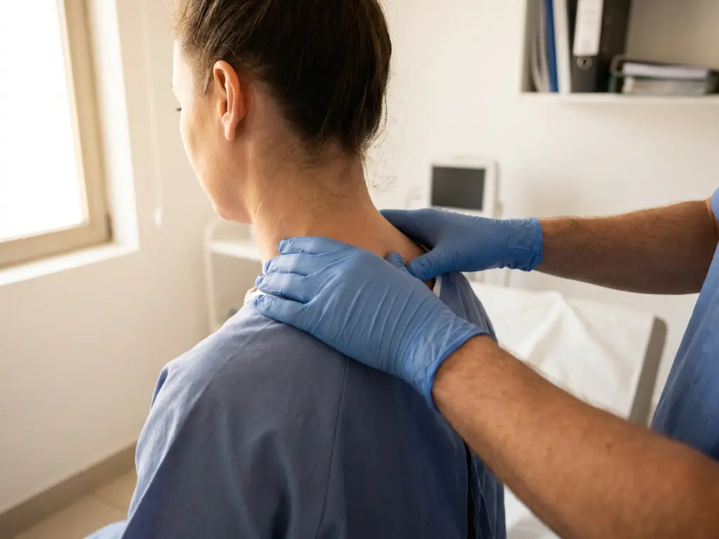 Chirurg in latex handschoenen onderzoekt voorzichtig de nek en cervicale wervelkolom van een patiënt in een privékliniek.