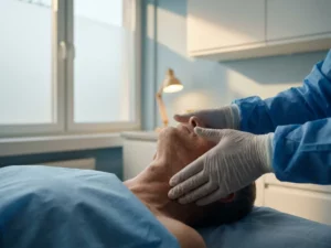 Chirurg in latex handschoenen onderzoekt voorzichtig de nek van een patiënt in een moderne orthopedische kliniek.