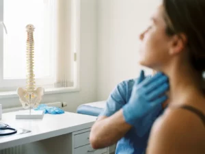 Chirurg in latex handschoenen onderzoekt patiëntnek in privékliniek, met anatomisch wervelkolommodel op witte tafel op de achtergrond.
