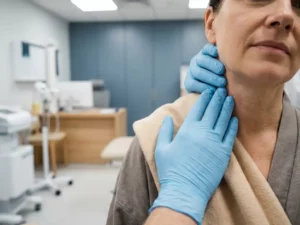 Chirurg in steriele handschoenen onderzoekt voorzichtig de nek van een patiënt in een moderne orthopedische kliniek.