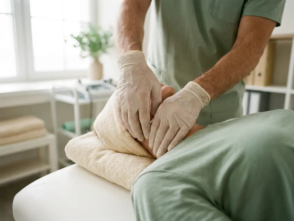 Fysiotherapeut ondersteunt voorzichtig de nek van een patiënt tijdens cervicale beoordeling in een moderne privékliniek.