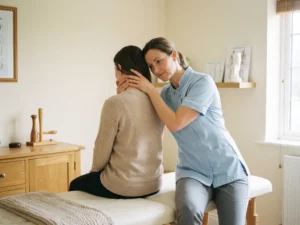 Fysiotherapeut ondersteunt voorzichtig de nek van een patiënt tijdens een cervicale wervelkolom beoordeling in een rustige behandelkamer.