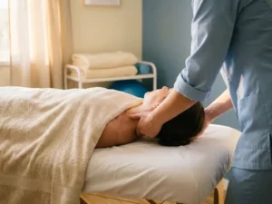 Fysiotherapeut ondersteunt voorzichtig de nek van een patiënt tijdens klinisch onderzoek in een moderne privékliniek.