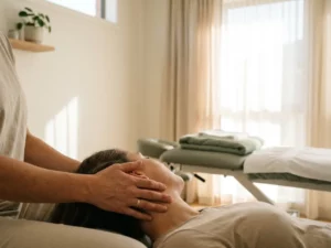 Fysiotherapeut ondersteunt voorzichtig de nek van een patiënt tijdens een klinische beoordeling in een witte behandelkamer.