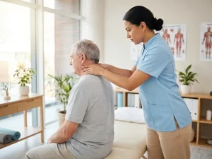 Fysiotherapeut ondersteunt voorzichtig de nek van een patiënt tijdens een klinische beoordeling in een moderne praktijk.