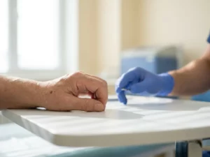 Hand met licht gekromde vingers op klinisch witte onderzoekstafel, beoordeeld door handschoen van orthopedisch specialist.
