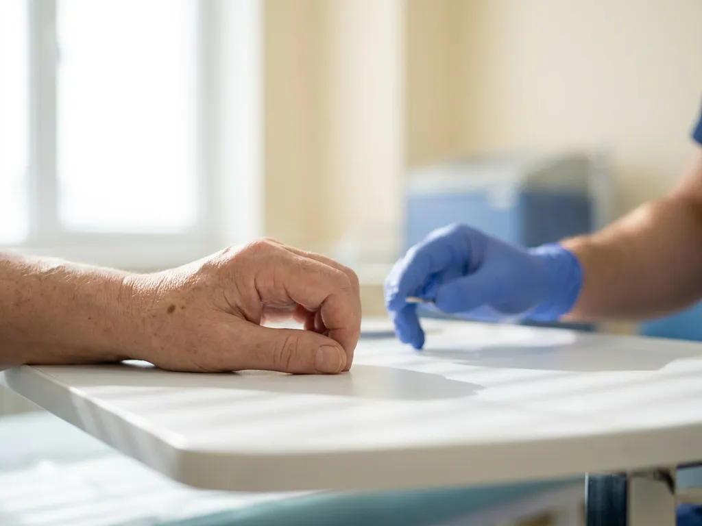 Hand met licht gekromde vingers op klinisch witte onderzoekstafel, beoordeeld door handschoen van orthopedisch specialist.