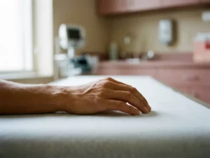 Hand met licht gekromde vingers op wit klinisch oppervlak, orthopedische behandelkamer op de achtergrond.