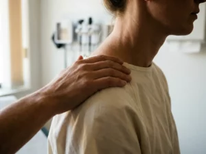 Hand op blote schouder met zichtbare nekwervels, zachte klinische belichting, medische context.