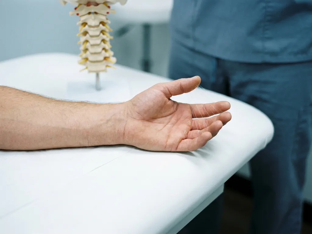 Hand met palm omhoog op witte onderzoektafel, tintelende vingers gesymboliseerd door stralingslijnen, cervicaal wervelkolommodel op achtergrond.