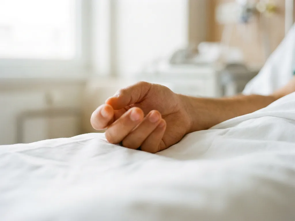 Hand rustend op wit klinisch oppervlak met licht gekrulde vingers, suggestief voor gevoelloosheid, orthopedische kliniek op achtergrond.
