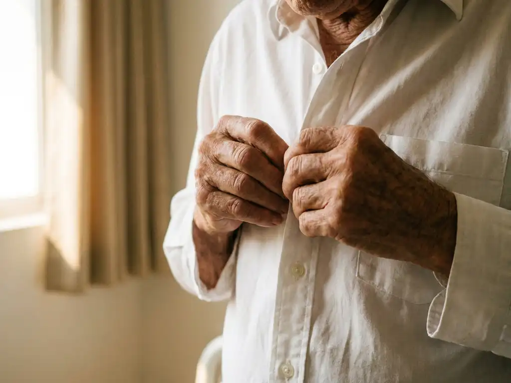 Verouderde handen met stijve, licht gekromde vingers die moeizaam een witte blouse dichtknopen.